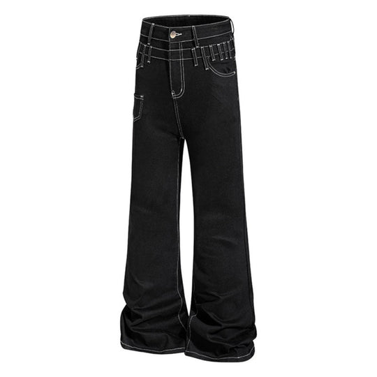 Damen hochgeschnittene Schlagjeans mit weitem Bein, Utility-Tasche und Kontrastnähten Shop Nory