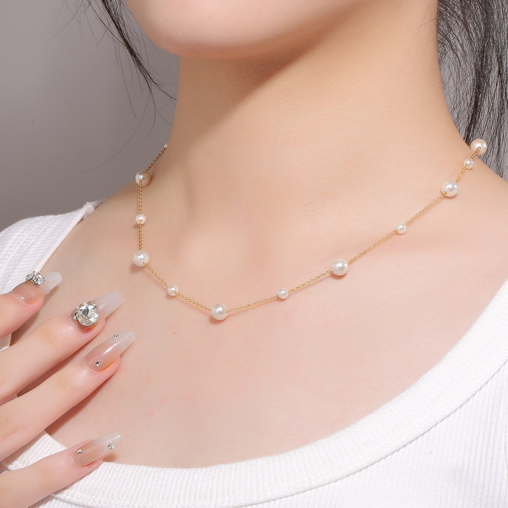 Damen elegante Perlen-Halskette mit feiner Gliederkette Shop Nory