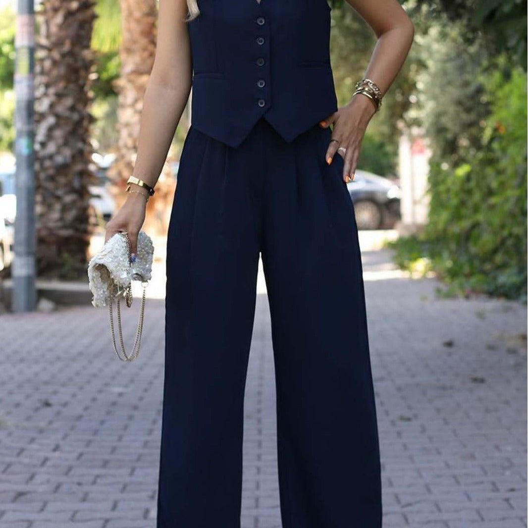 Damen Eleganter Zweiteiler mit taillierter Weste und weiter Palazzo-Hose Shop Nory
