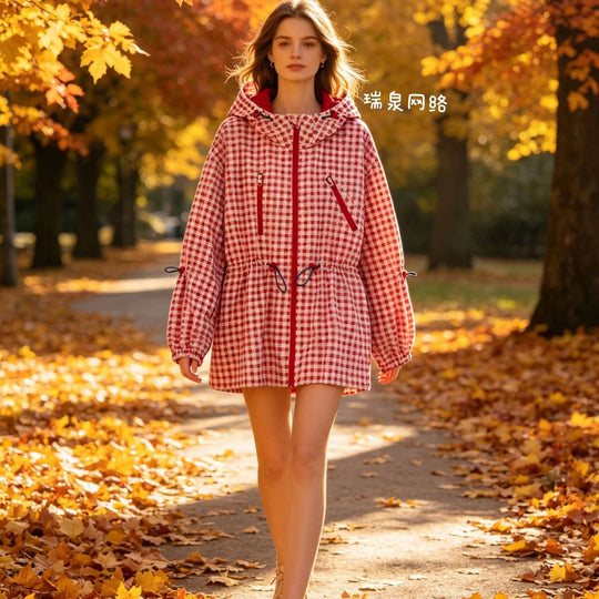Damen Leichter Vichy‑Karo‑Parka mit Kapuze, Tunnelzugtaillierung und Reißverschlusstaschen Shop Nory