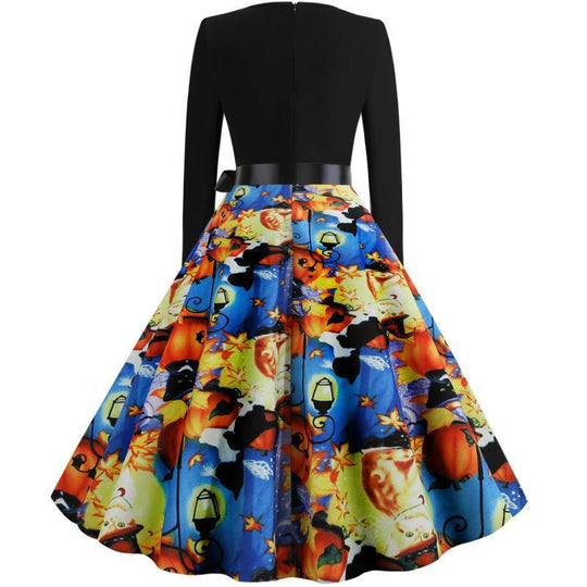 Damen Retro Swingkleid mit gewelltem Ausschnitt, langen Ärmeln und Halloween-Print Tellerrock Shop Nory
