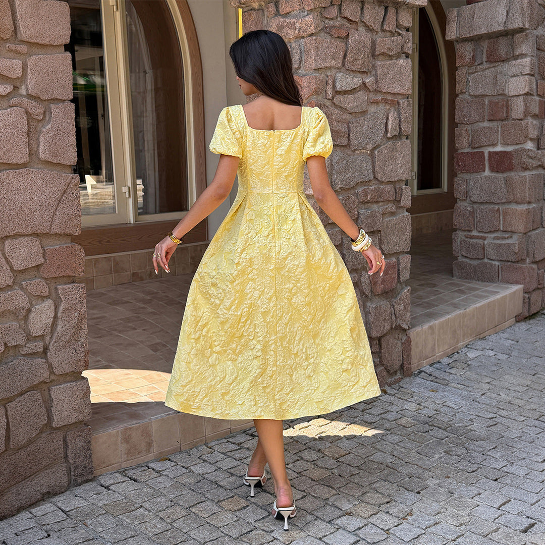 Damen Midi-Kleid mit Puffärmeln und detailliertem Strukturdesign