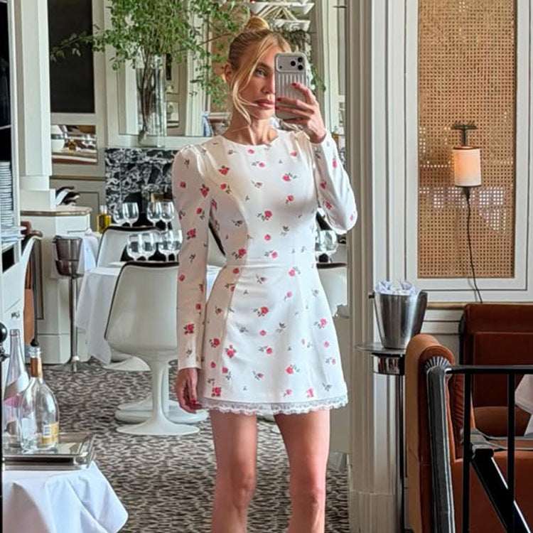 Damen Tailliertes Blumen-Minikleid mit Puffärmeln und Spitzenbesatz Shop Nory
