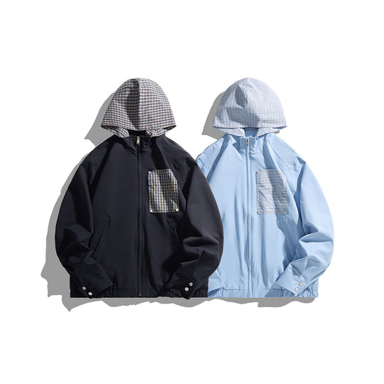 Unisex Leichte Kapuzen-Übergangsjacke mit Karopatch-Brusttasche und elastischem Saum Shop Nory
