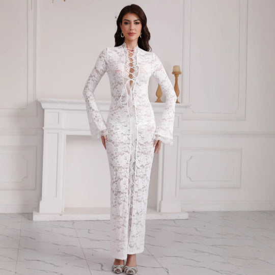 Damen Spitzenmaxikleid mit Schnürung und hohem Beinschlitz Shop Nory
