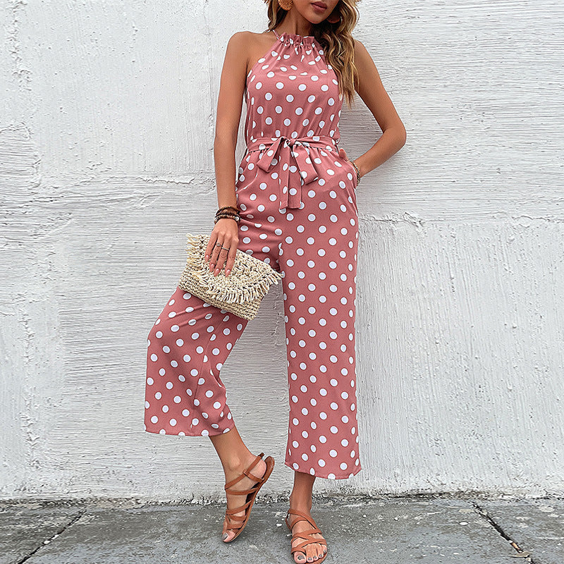 Damen eleganter Jumpsuit mit verstellbarem Bindegürtel und modischem Punkte-Design