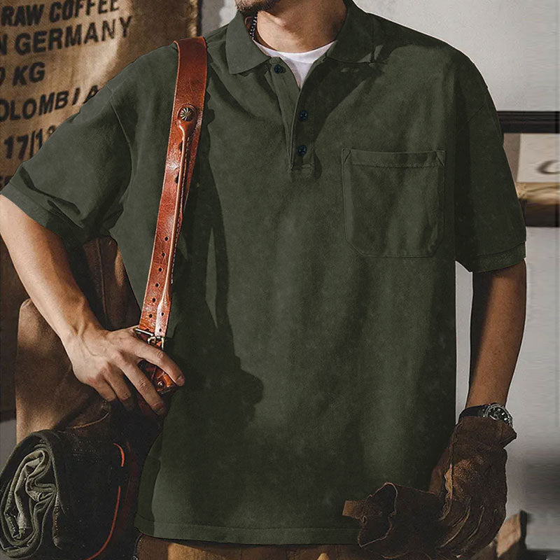 Herren nan locker geschnittenes Baumwoll-Poloshirt mit aufgesetzter Brusttasche und kurzer Knopfleiste