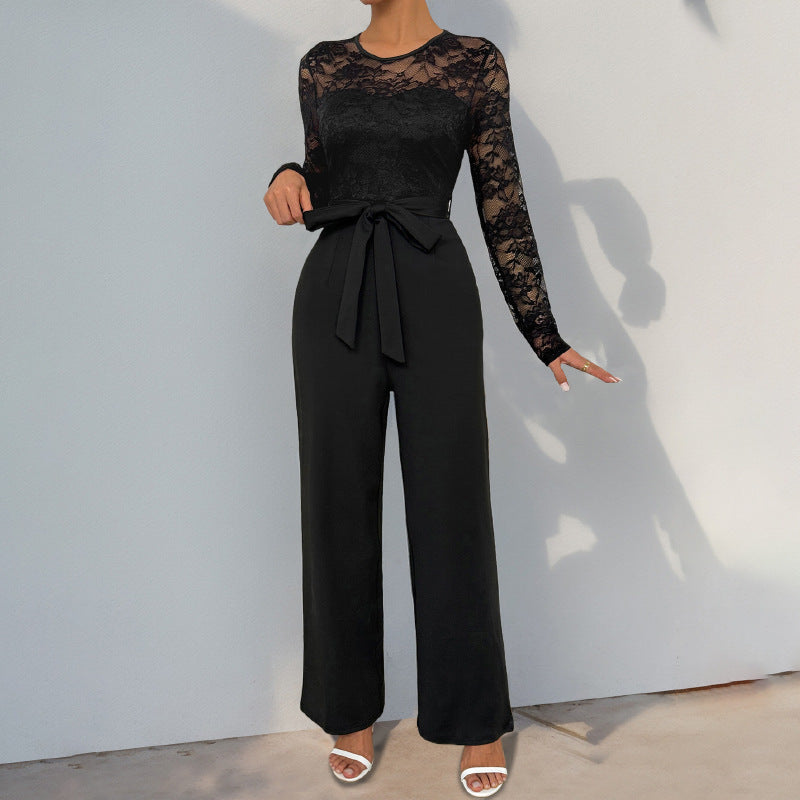 Damen Eleganter Jumpsuit mit Spitzenoberteil und tailliertem Bund