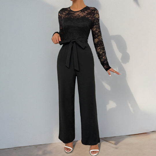 Damen Eleganter Jumpsuit mit Spitzenoberteil und tailliertem Bund