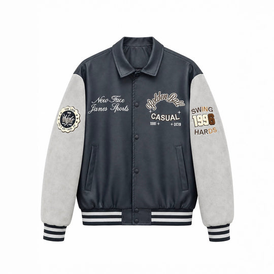 Herren Varsity-Lederoptik Collegejacke mit Kontrastärmeln, gestickten Patches und geripptem Saum Shop Nory