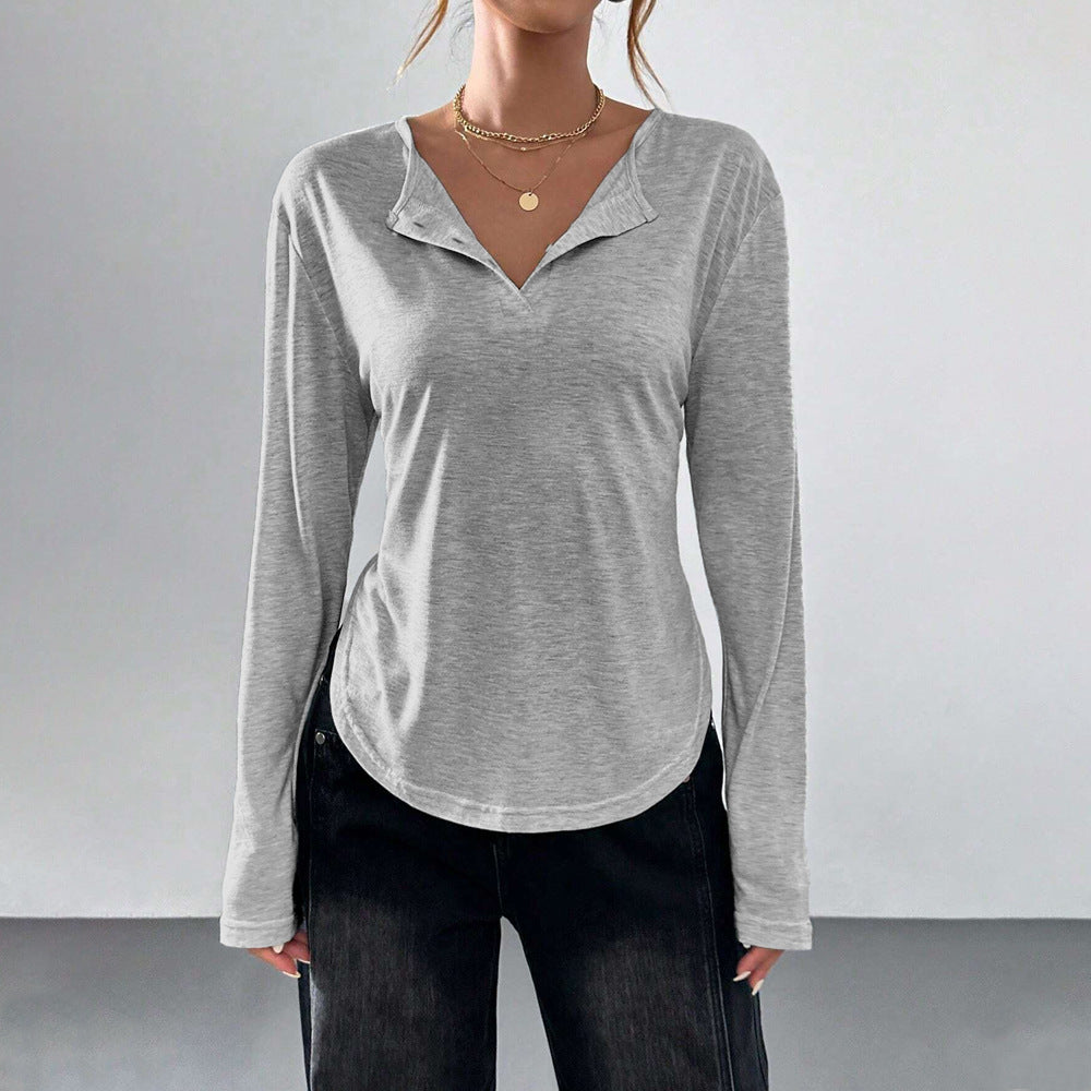Damen legeres V-Ausschnitt Langarmshirt mit offenem Kragen, weichem Jersey und abgerundetem Saum Shop Nory