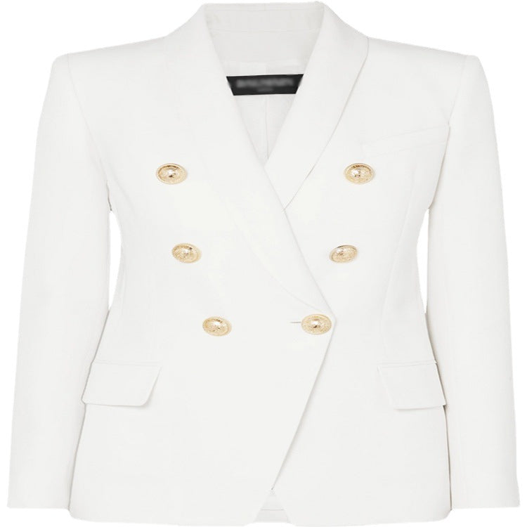 Damen Taillierter Zweireihiger Blazer im Smoking-Tailoring mit Schalkragen und goldenen Zierrundknöpfen Shop Nory