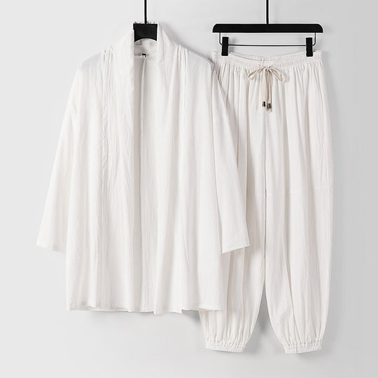 Unisex Entspanntes Kimono-Zweiteiler aus Baumwollmusselin mit Schalkragenjacke und geraffter Knöchelhose Shop Nory