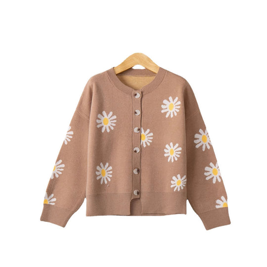 Damen Oversize-Strickcardigan mit Blumenapplikation, Perlmuttknöpfen und Wellensaum Shop Nory