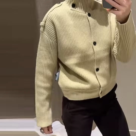 Herren Gerippte Strickjacke mit Stehkragen und Zier-Schulterriemen Shop Nory