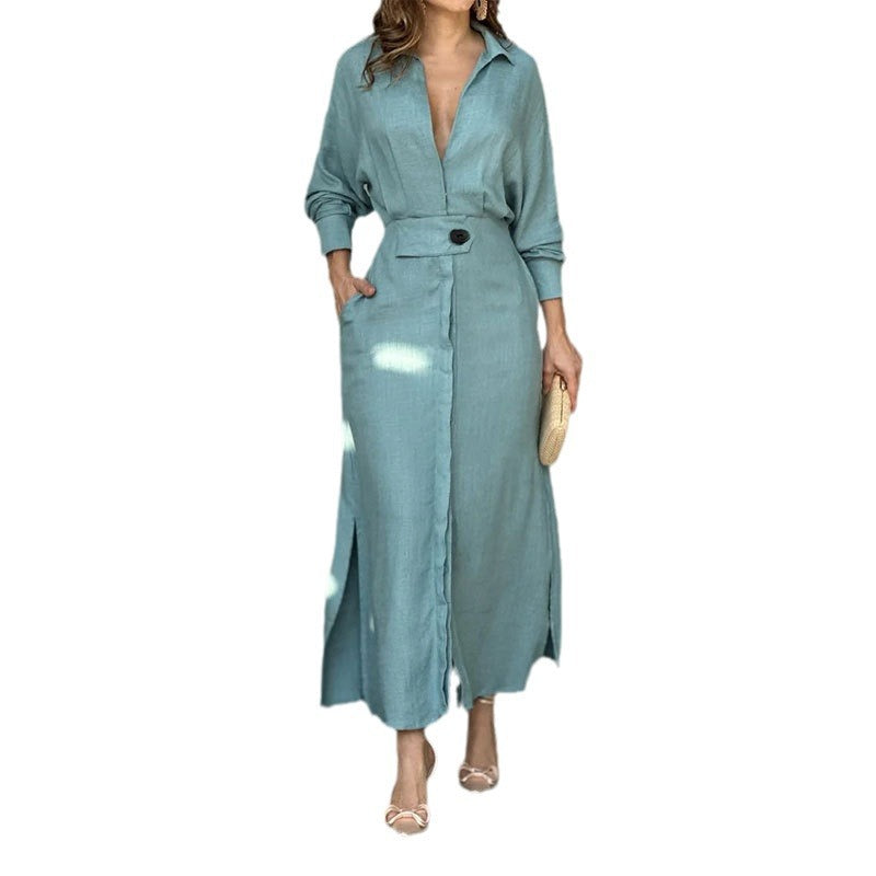 Damen Leinen-Maxikleid mit Hemdkragen, Taillengürtel und seitlichen Beinschlitzen Shop Nory