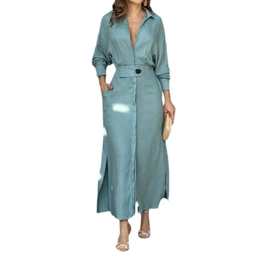 Damen Leinen-Maxikleid mit Hemdkragen, Taillengürtel und seitlichen Beinschlitzen Shop Nory