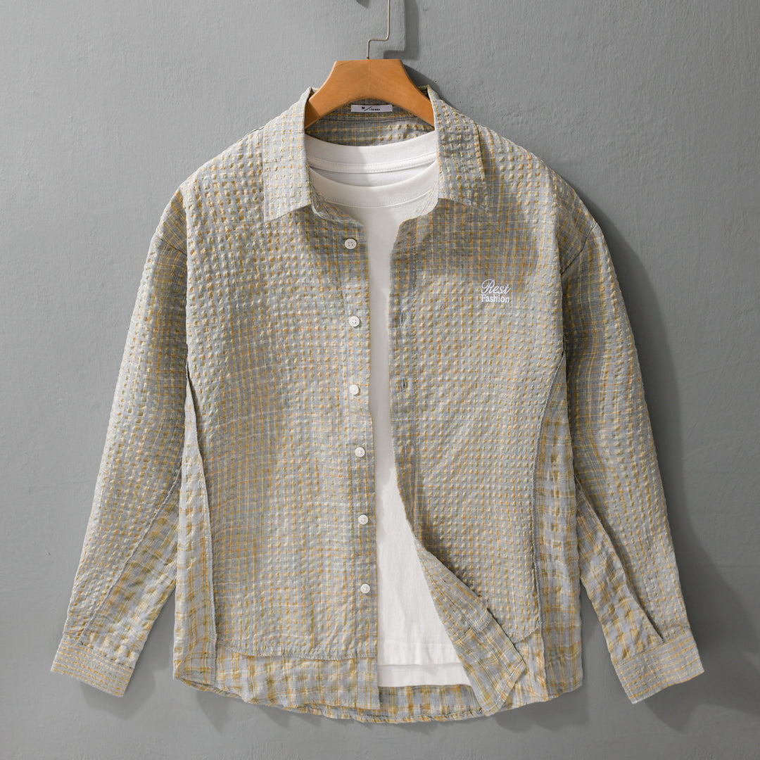 Damen Relaxed-Fit Crinkle-Hemdjacke mit feiner Gingham‑Webstruktur und dezenter Bruststickerei Shop Nory