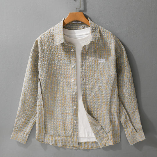 Damen Relaxed-Fit Crinkle-Hemdjacke mit feiner Gingham‑Webstruktur und dezenter Bruststickerei Shop Nory