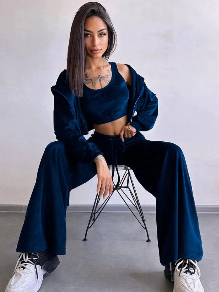 Damen luxuriöses Velours-Lounge-Set mit kurzem Reißverschluss-Hoodie und weitem High-Waist-Hose Shop Nory