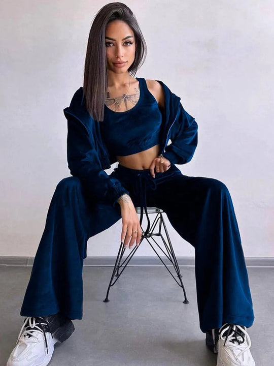Damen luxuriöses Velours-Lounge-Set mit kurzem Reißverschluss-Hoodie und weitem High-Waist-Hose Shop Nory