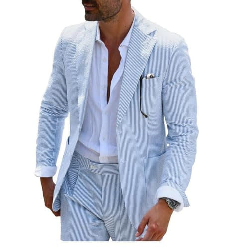 Herren nan sommerlicher Seersucker-Anzug mit ungefüttertem Sakko, schmaler Passform und Faltenhose