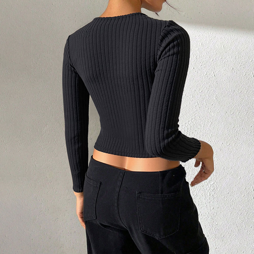 Damen gerippte Cropped-Strickjacke mit spitzem Saum und Knopfverschluss Shop Nory