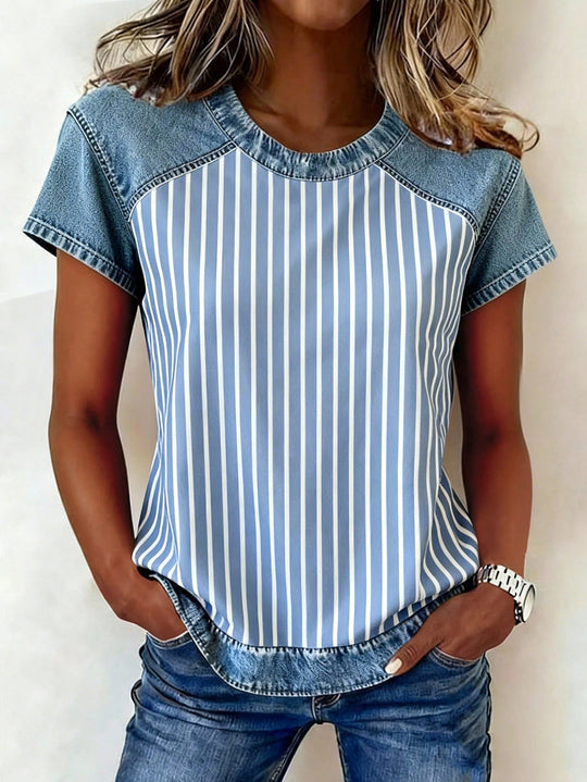 Damen Kurzarmshirt mit Jeans-Einsätzen und Teddy-Patchprint Shop Nory