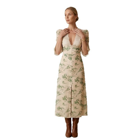 Damen Florales Midikleid mit Spitzen‑V‑Ausschnitt, figurbetonter Taillennaht und Perlenknopfleiste Shop Nory