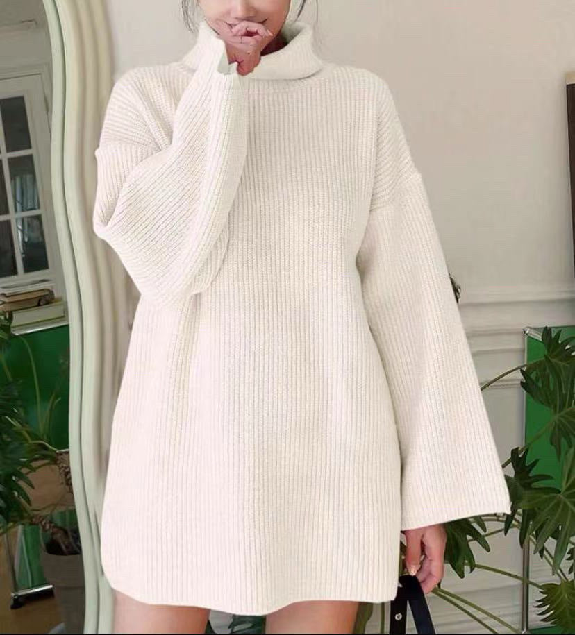 Damen Langer Strickpullover mit hohem Kragen und weit ausgestellten Ärmeln