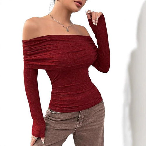 Damen Schulterfreies Ripp-Longsleeve mit weitem Umschlagkragen und taillierter Silhouette Shop Nory