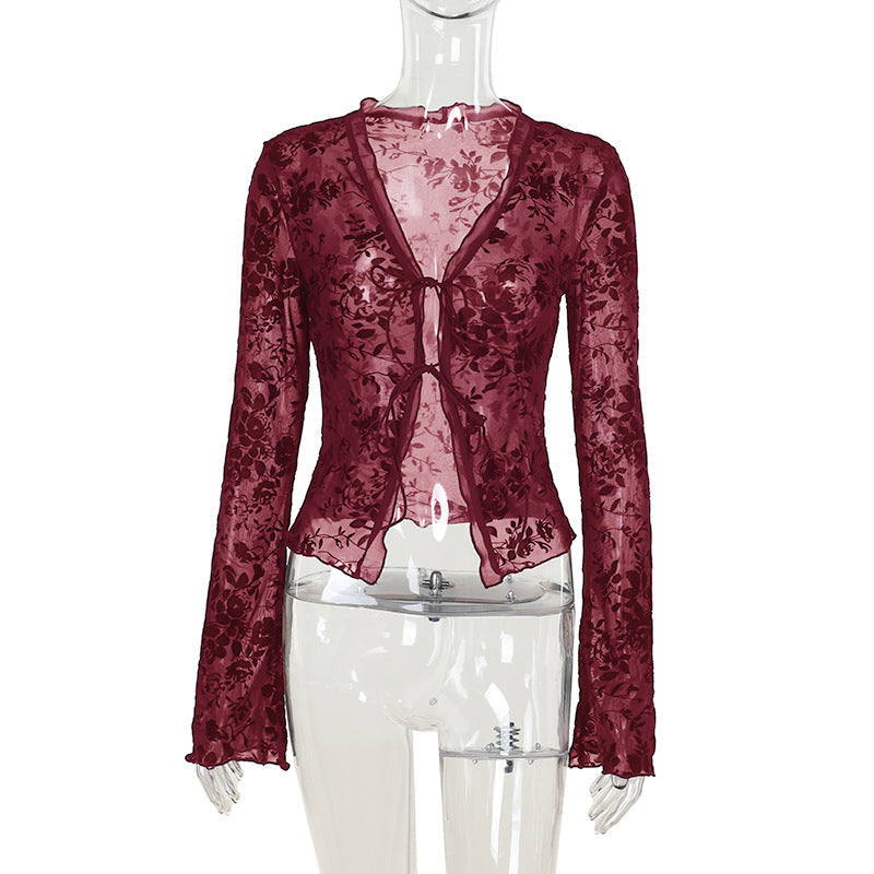 Damen Transparente Spitzenjacke mit floralen Mustern