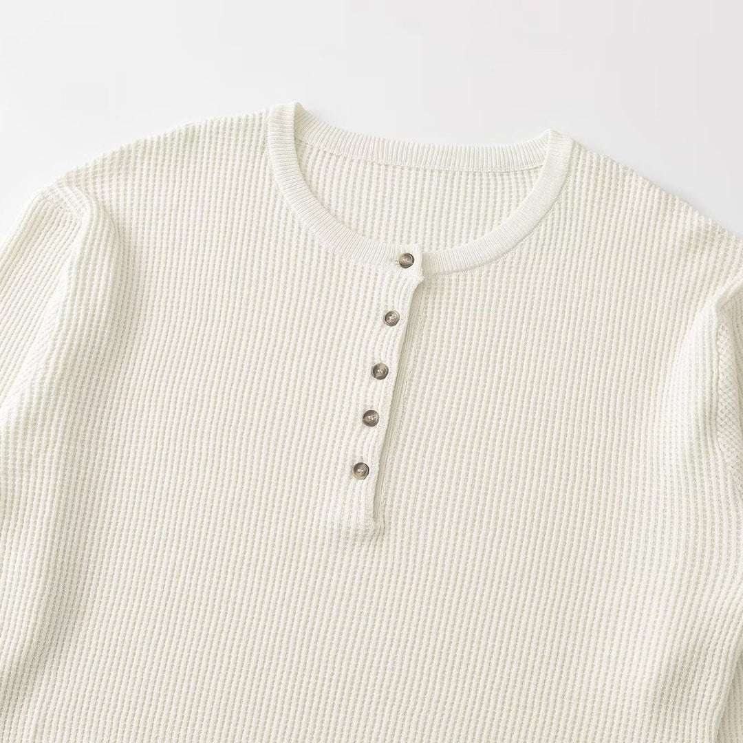 Damen Grobgestrickter Waffelstrick-Pullover mit Henley-Knopfleiste Shop Nory