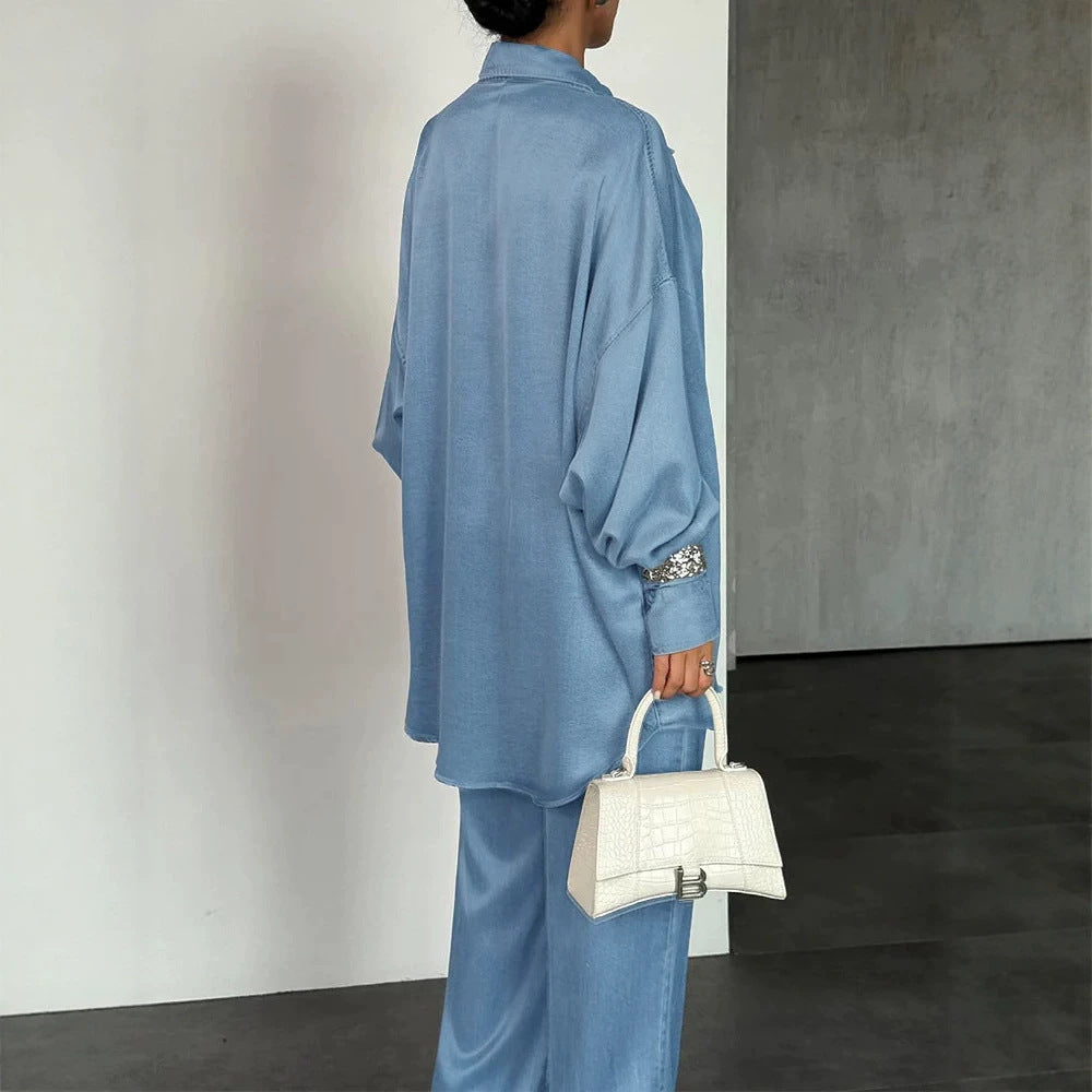 Damen Zweiteiliges Oversize-Hemd- und Palazzo-Set im fließenden Denim-Look Shop Nory