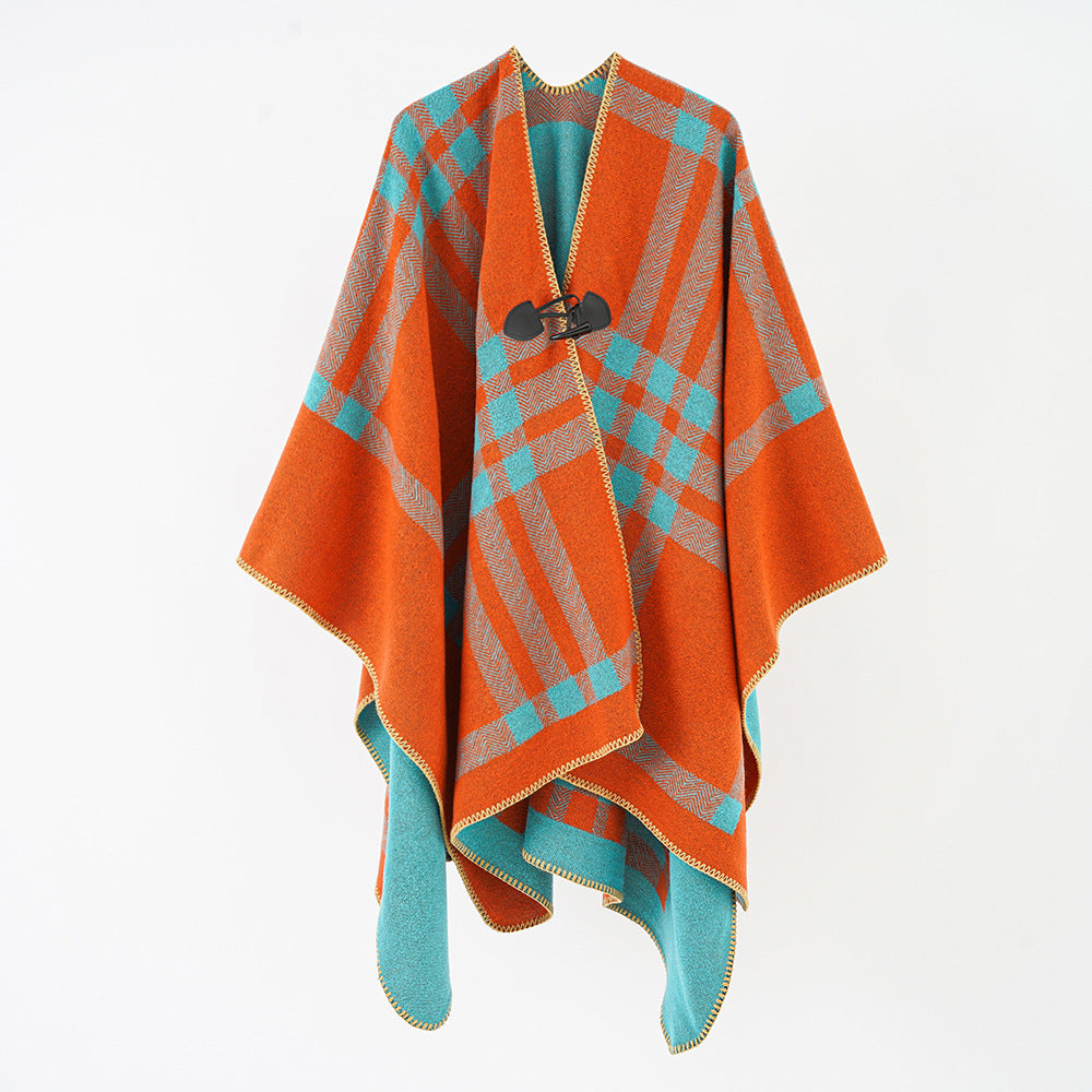 Damen Reversibler Wollmix-Poncho mit Knebelverschluss und Karomuster Shop Nory