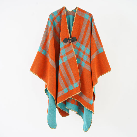 Damen Reversibler Wollmix-Poncho mit Knebelverschluss und Karomuster Shop Nory