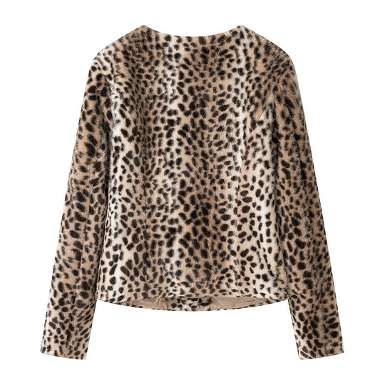 Damen Kurze Kunstfelljacke mit Leopardenmuster und Rundhalsausschnitt Shop Nory