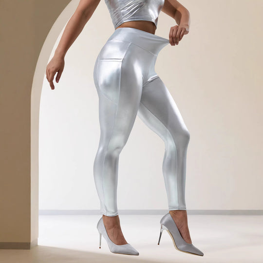 Damen Glänzende High‑Waist Capri-Leggings mit Smartphone-Seitentasche Shopy Nory