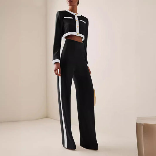 Damen Kurzgeschnittenes Cropped-Tailoring-Set mit Kontrastpaspel und High‑Waist Palazzo-Hose Shop Nory