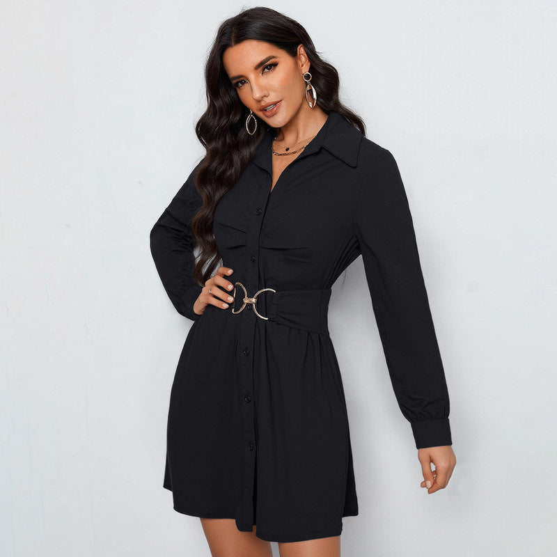 Damen Hemdblusenkleid mit figurbetonendem Taillengürtel und dekorativer Doppelschnalle Shop Nory