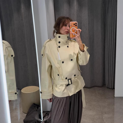 Damen Kurze doppeltknöpfte Trenchjacke mit hohem Stehkragen und Taillengürtel Shop Nory