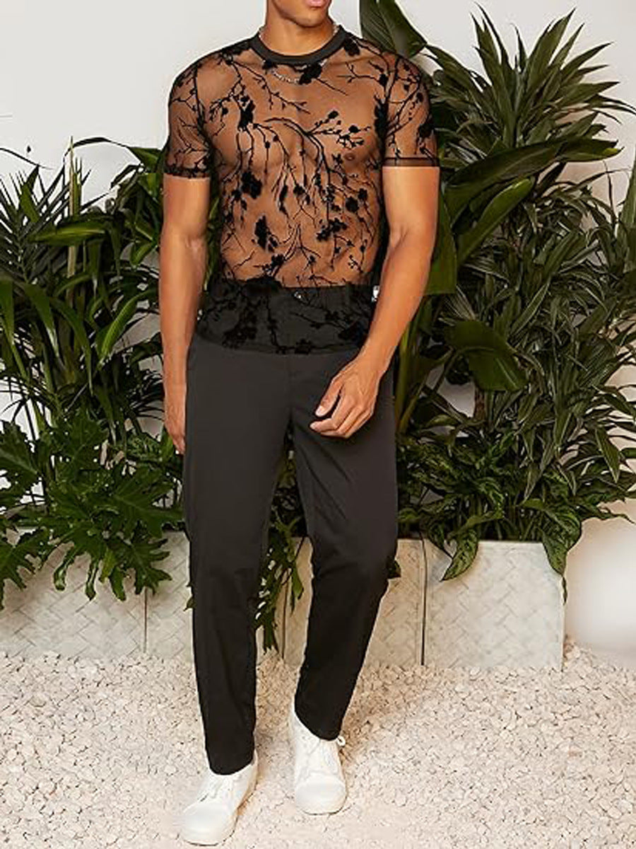 Herren Netz-T-Shirt mit floralem Design und elastischen Abschlüssen