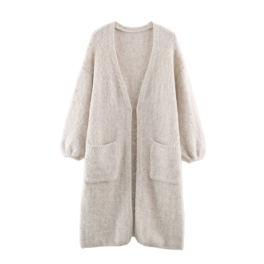Damen Oversize Strickmantel mit V‑Ausschnitt, kuscheliger Bouclé‑Optik und aufgesetzten Taschen Shop Nory