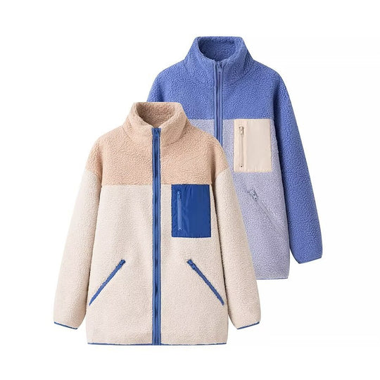 Damen Oversize Teddy-Fleecejacke mit Stehkragen, Reißverschlusstaschen und Nylon-Brusttasche Shop Nory