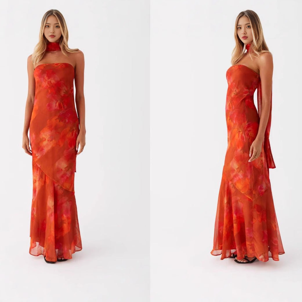 Damen Elegantes Langarm Abendkleid im Blumendesign