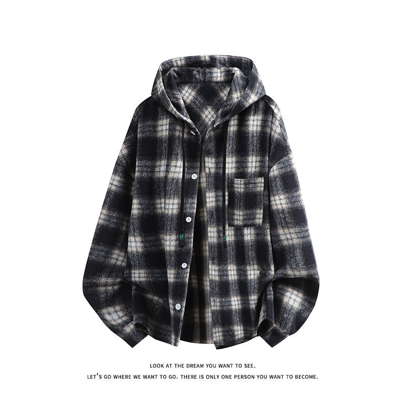 Unisex oversized Kapuzen-Hemdjacke aus Flanell mit Karomuster und Brusttasche Shop Nory