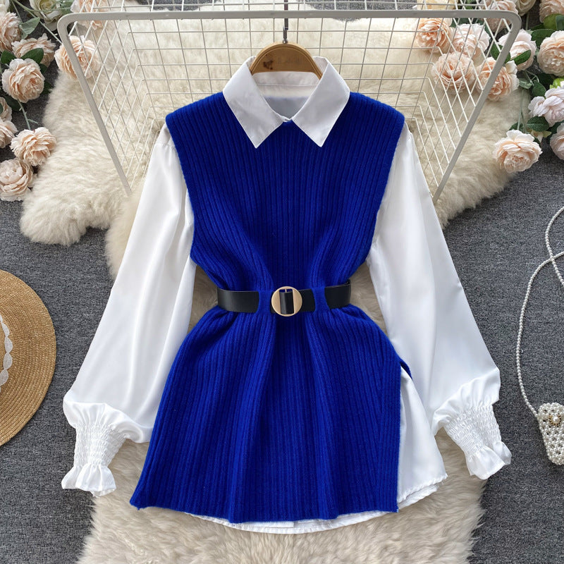 Damen Lagenlook-Bluse mit Rippstrick-Überwurf und Taillengürtel Shop Nory