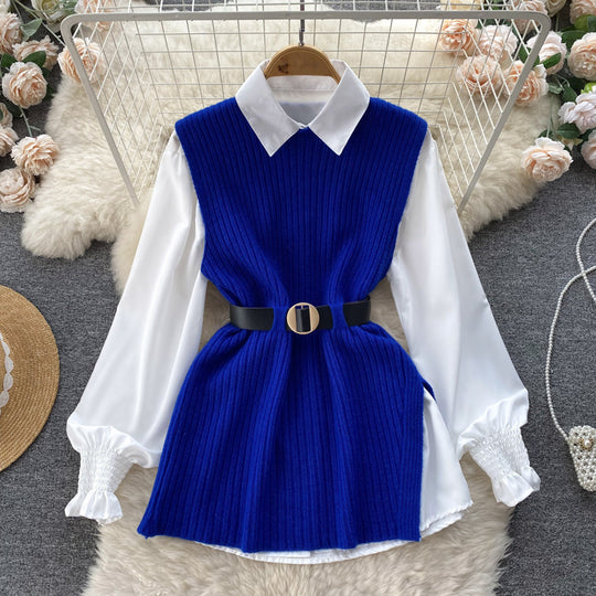 Damen Lagenlook-Bluse mit Rippstrick-Überwurf und Taillengürtel Shop Nory