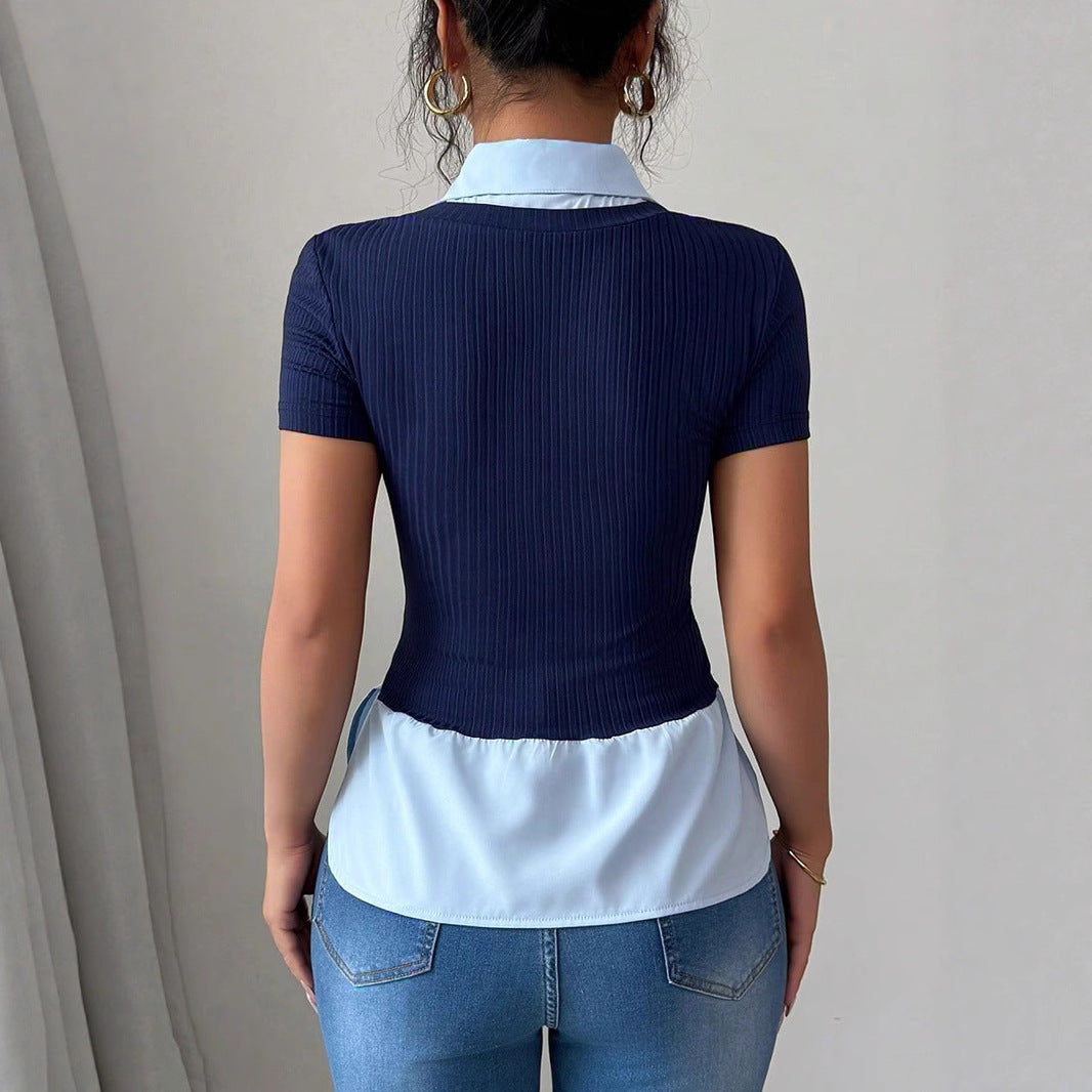 Damen Kurzärmeliges Layering-Top mit Fake-Hemdkragen und Rippstrickkörper Shop Nory