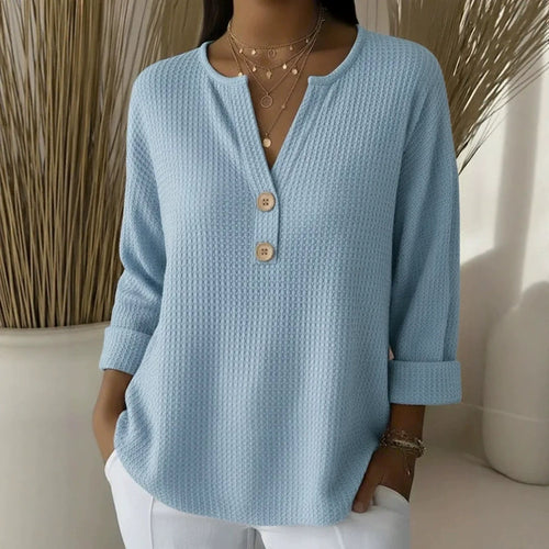 Damen nan Waffelstruktur Henley-Shirt mit V-Ausschnitt kurze Knopfleiste und krempelbaren 3/4-Ärmeln Shop Nory